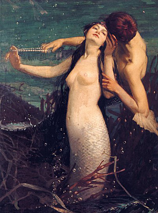 Topless mermaid, voluptuous amd alluring, seducing a young man at the bottom of the sea.