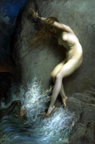 'Andromeda' painting by Gustave Dore of nude woman chained to a rock and terrorized by a sea serpent