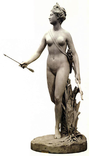 18th Century sculpture of an idyllic nude woman as Diana, the  Huntress