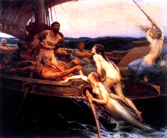 Painting by Herbert Draper of sirens and mermaids  seductively overtaking a ship of rowing men.