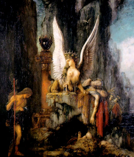 Painting, 'Oedipus The Wayfarer' by Gustave  Moreau. Bare breasted half woman, half lion winged creature atop eviscerated victims greeting a humble traveller approaching with bowed head.