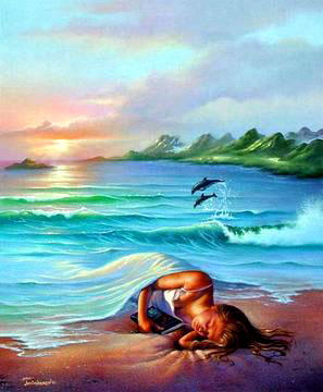 Painting of a girl immersed in a dream, sleeping on the shore of a beach using the ocean as her blanket while dolphins jump through the sunrise