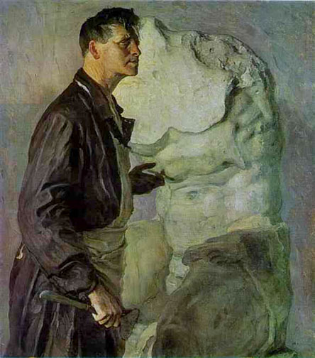"The Evil Sculptor" painting by Mikhail Nesterov of a brooding artist