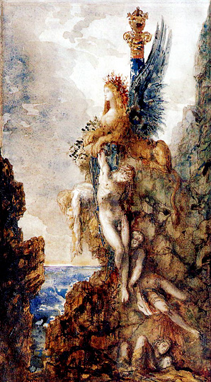 Painting of the Sphinx by Gustave Moreau. A topless half woman, half winged lion sitting atop a cliff with hanging corpses beneath. 
