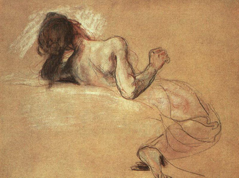Sketch study by Delacroix of a nude woman , back view, in the throes of anguish